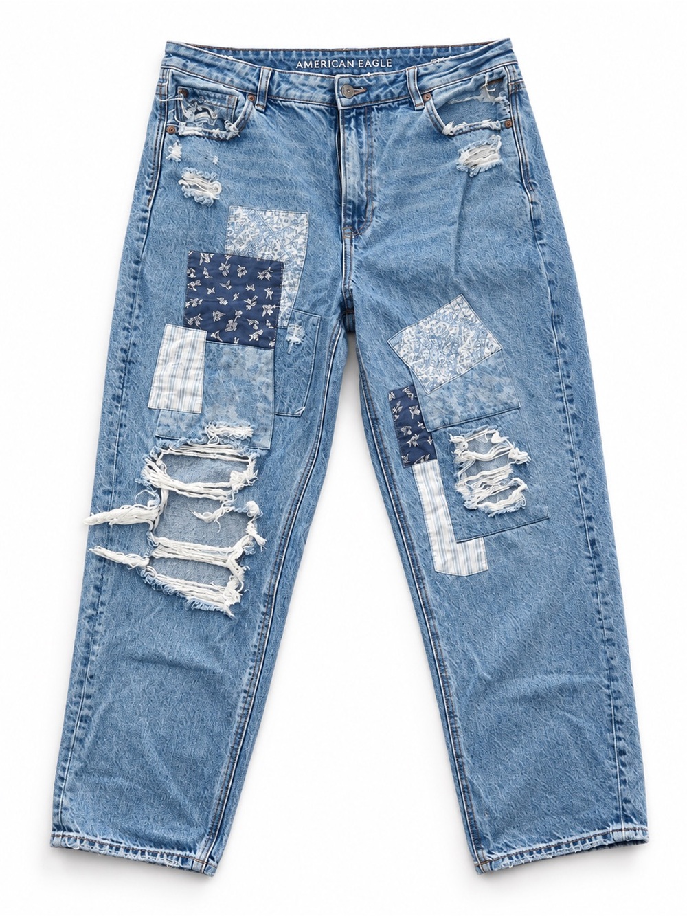American Eagle Patched Mom Straight Jean in Shadow Patched Blue